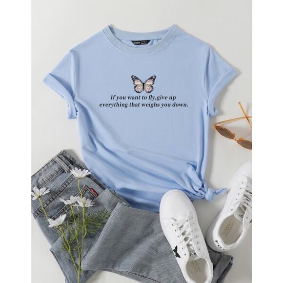 SHEIN Butterfly & Slogan Print Short Sleeve Tee - Picture 1 of 2